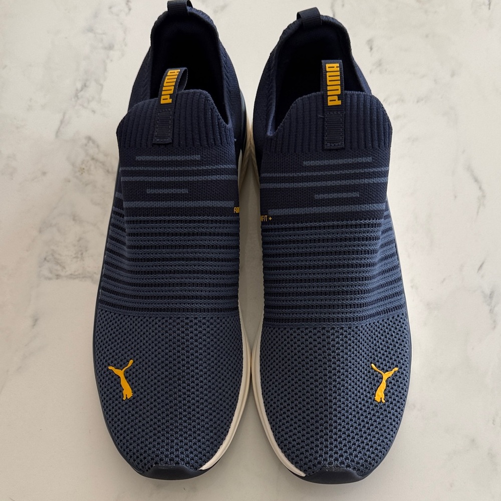 Puma Men's Navy Slip-On Knit Sneakers with Yellow Logos